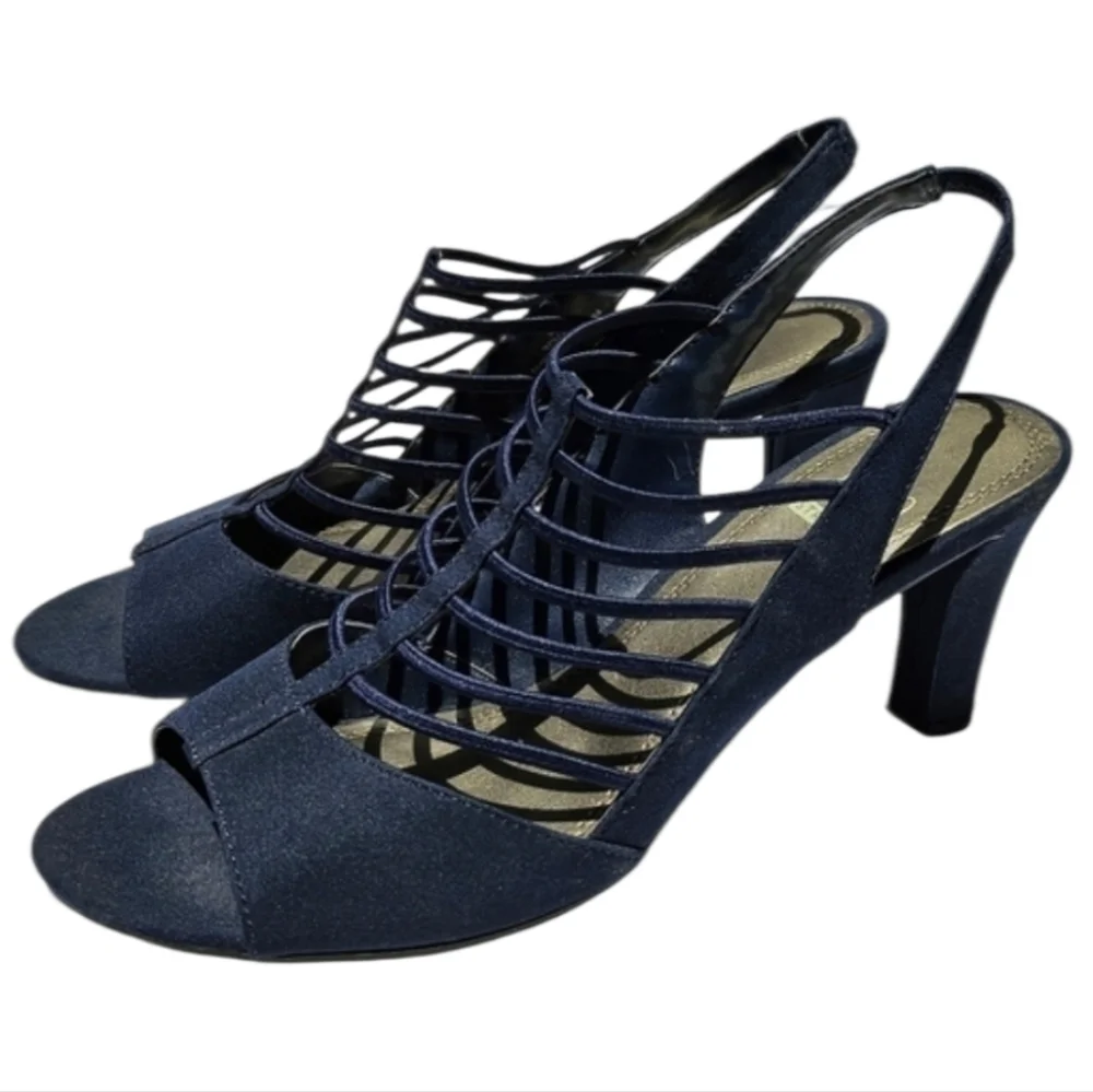 Impo Stretch Vila Navy Blue Fabric Strappy Slingback 3in Heels Size 9